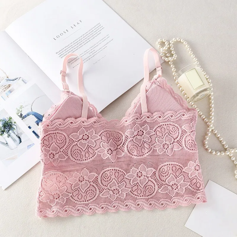 Women Fashion Wireless Bra Padded Bralette Deep V Lace Bras Summer Crop Top Embroidery Floral Tank Top