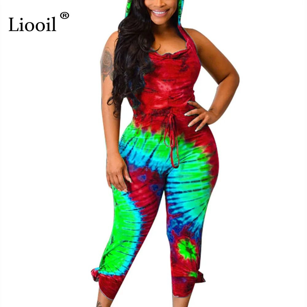 Красный Liooil Tie Dye комбинезон с капюшоном с открытой спиной сексуальный комбинезон Колготки Новое поступление Bodycon Вечерние Клубные Комбинезоны женские Комбинезоны Шорты - Цвет: Красный