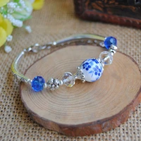 cute new girl blue and white porcelain flower bead bracelet women lucky vintage chinese style flower bracelet jewelry party gift
