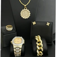 luxury men watch necklace bracelet earrings ring combo set ice out cuban watch hip hop crystal miami necklace for men