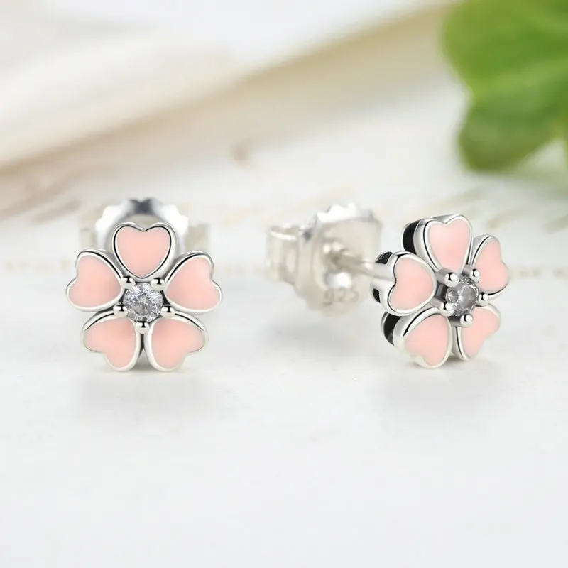 100% 925 Sterling Silver Fashion Pink flowers Crystal Ear Studs Earrings for Women Genuine Small Stud | Украшения и аксессуары