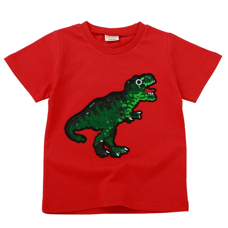 Dinosaur Red Футболка с динозавром для маленьких мальчиков и девочек; летние топы с надписью «Капитан Америка»; футболки с изображением Человека-паука и щита; повседневная одежда с единорогом - Цвет: Dinosaur Red