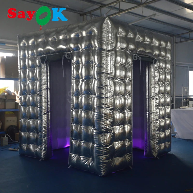 Silver Inflatable Photo Booth Tent 98.4X98.4X98.4 inch with 2 Doors and Curtains for Wedding Birthday Party |