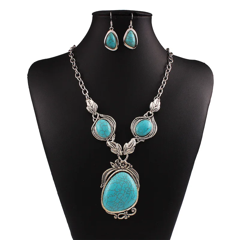 Мода Тибетский Стиль Заявление Хаулит Камень Ожерелье Серьги Комплекты Vintage