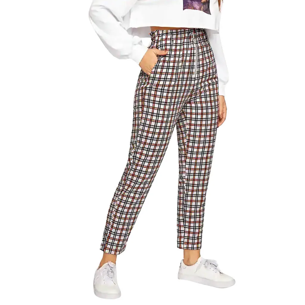 

Women retro plaid pants loose printed trousers zipper casual fashion pant plus size high waist straight Ladies pocket long pants
