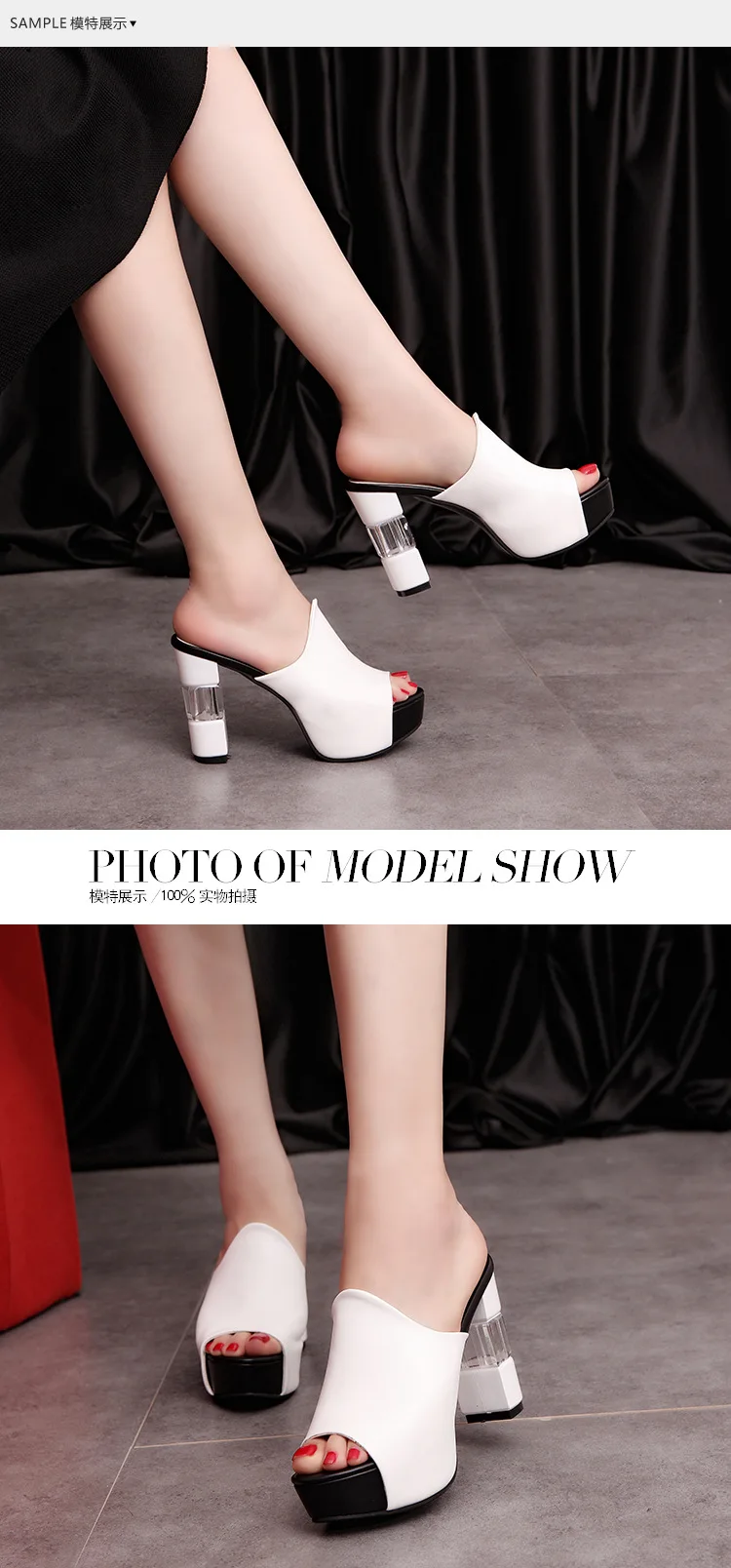 Women Sexy High Heel Mules Clogs Black Peep Toe Platform Mules Ladies Leather Sole Slippers Femal Slip On Sandals Shoes YUI235