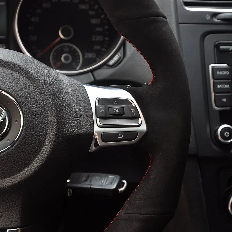 

Red Marker Black Suede Car Steering Wheel Cover for Volkswagen Golf 6 GTI MK6 VW Polo GTI Scirocco R Passat CC R-Line 2010