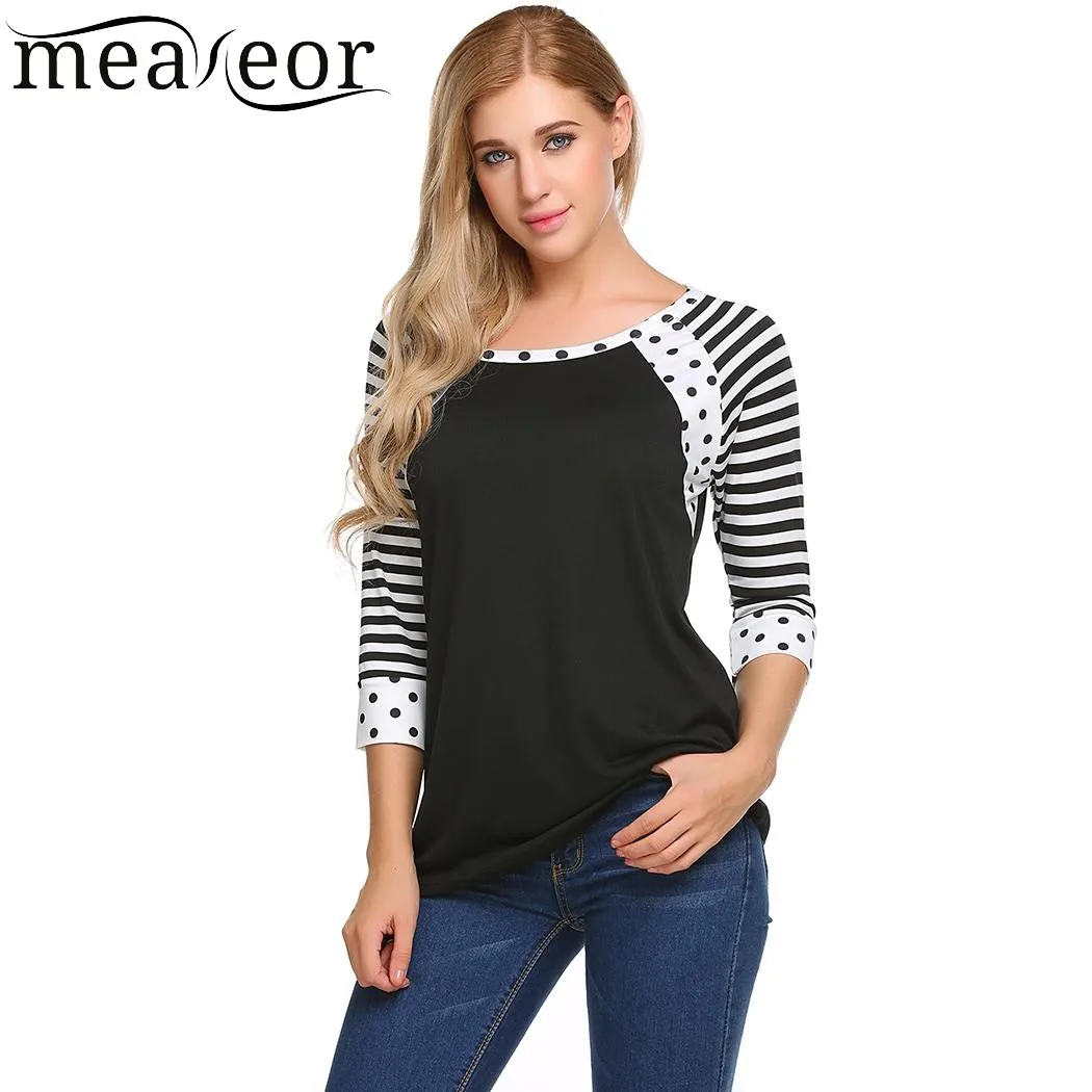 Meaneor Women T Shirt New Fashion O-Neck 3/4 Striped Sleeve Dot Print T-Shirt Pullover Casual Ladies Shirts Female Tee Tops | Женская