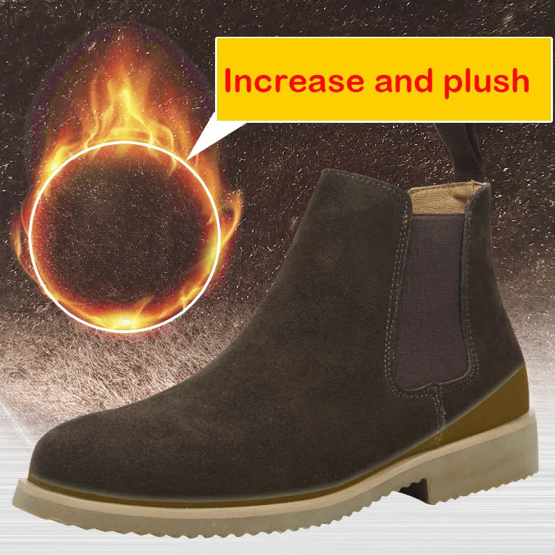 Plush increase Khaki Misalwa/роскошные ботинки «Челси»; мужские классические простые Замшевые Зимние ботильоны; Мужские модельные ботинки на плоской подошве, визуально увеличивающие рост - Цвет: Plush increase Khaki
