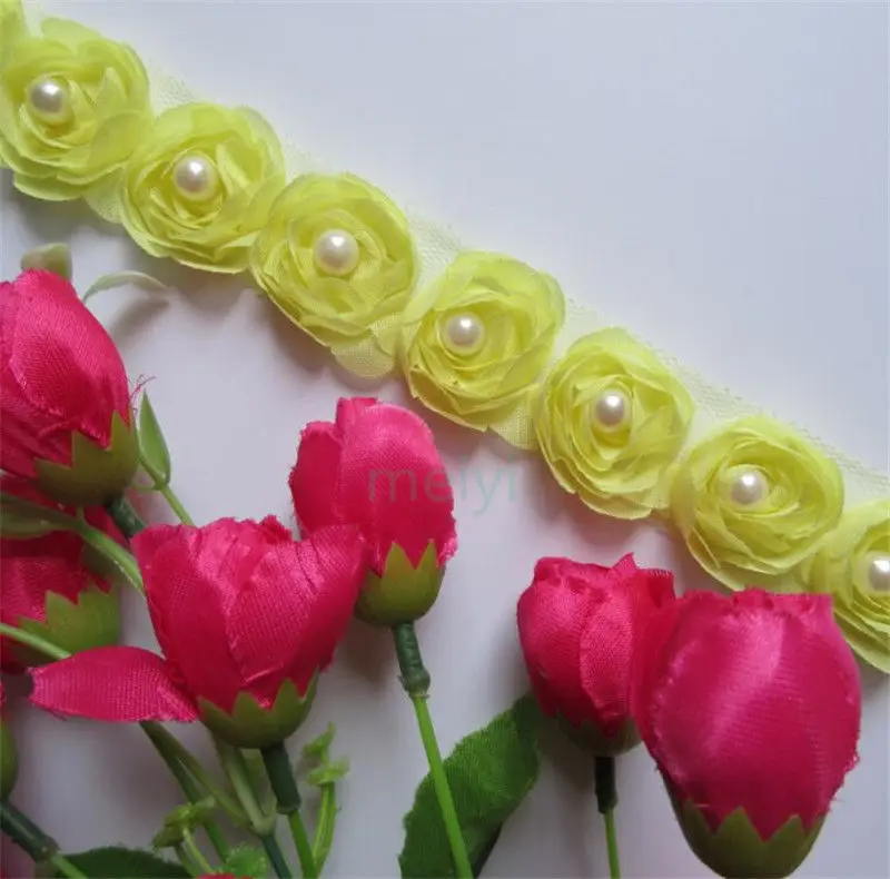 2 ярда Желтая роза цветок Жемчуг шифон Вышитые Кружева отделка ленты ткани ручной