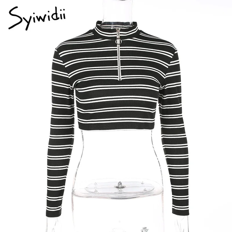 Crop Sweater Short Sweaters Fashion 2019 Women Black White Striped Long Sleeve Womens Zipper Turtleneck Plus Size S-XL | Женская одежда