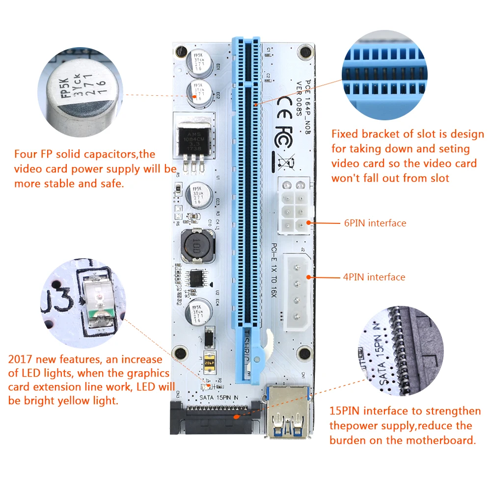 TISHRIC PCI-E PCI Express PCIE Raiser Riser Card 1x to 16x USB 3 0 кабель VER 008S в 1 Molex 4Pin SATA 6PIN Raise для майнинга |