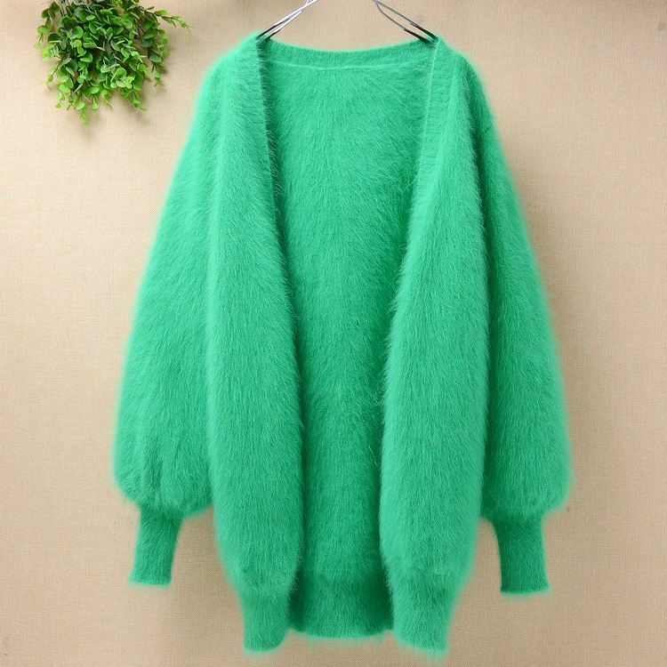 

Medium long real angora rabbit fur loose lantern long-sleeves hand knitted mink cashmere sweater coat cardigan for girls spring
