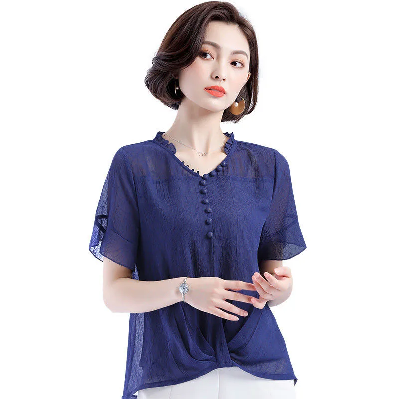 

Blouses Tops Women Short Sleeve V Neck Shirts Blouses Office Lady Work OL Basic Shirt Blue Pink Chiffon Blouse DD2397
