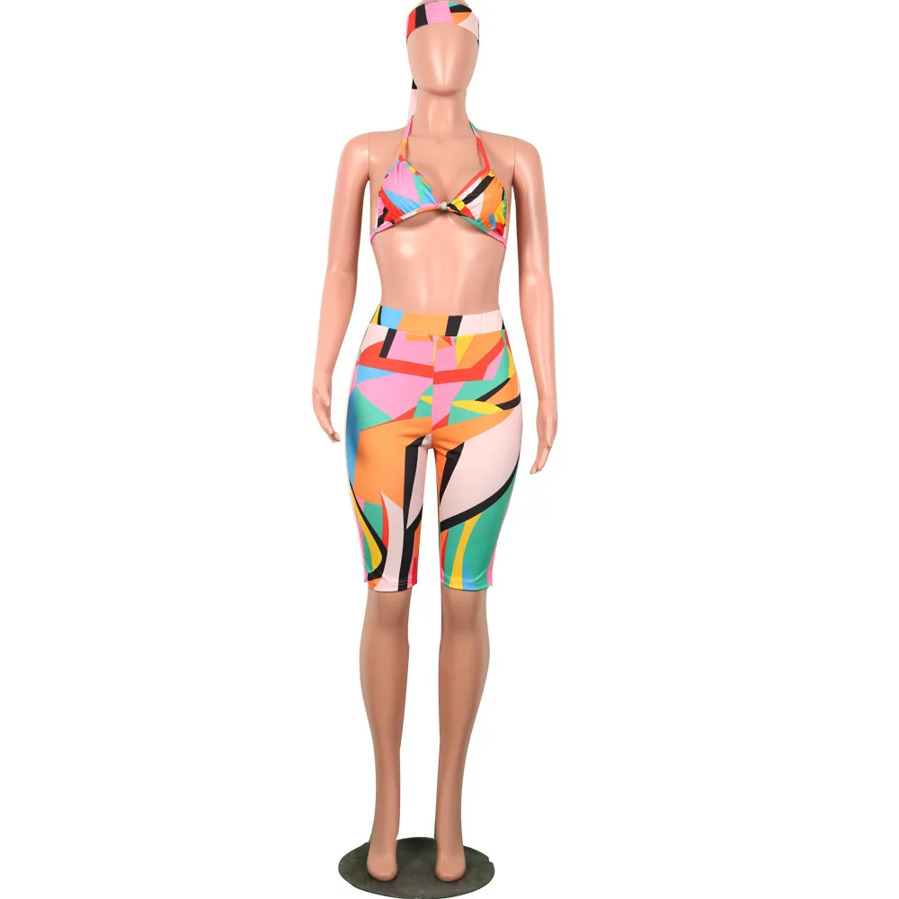 Sexy Rainbow Print Women Yoga Sport Set Fashion Head Scarf+V Neck Sleeveless Strap Top+Bandage Short Summer 3 Piece | Спорт и