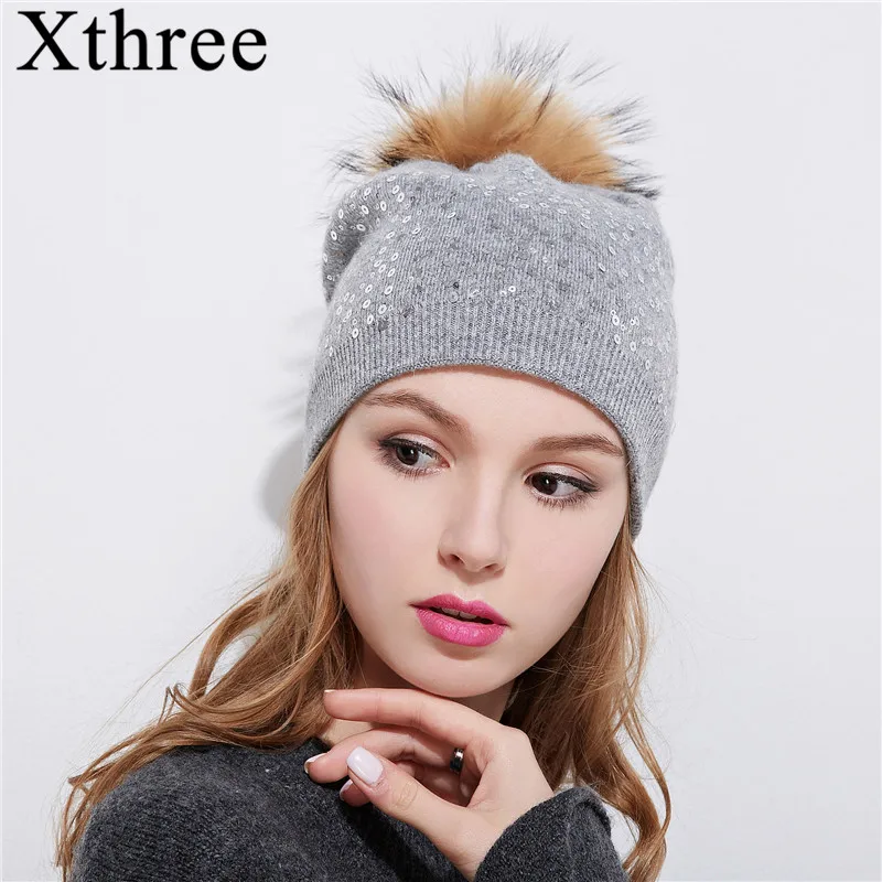

Xthree winter knitting hat for women wool hat beanies 15cm real mink fur pom poms Shiny hat Skullies girls hat