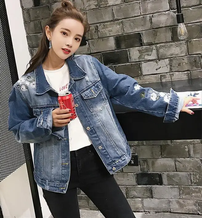 

Rlyaeiz England Style Jacket Women 2018 Spring Floral Embroidery Long Sleeve Short Denim Jackets Female Jeans Jackets Clothing