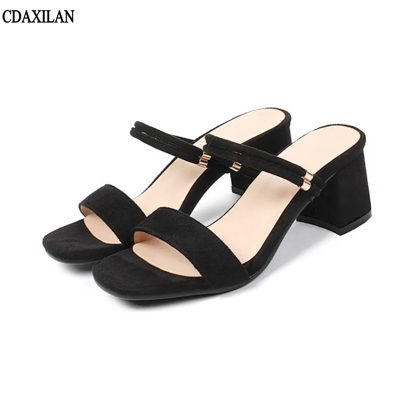 

CDAXILAN new arrival slippers women faux suede outside sandals slippers square heel middle heel slides ladies girls summer shoe