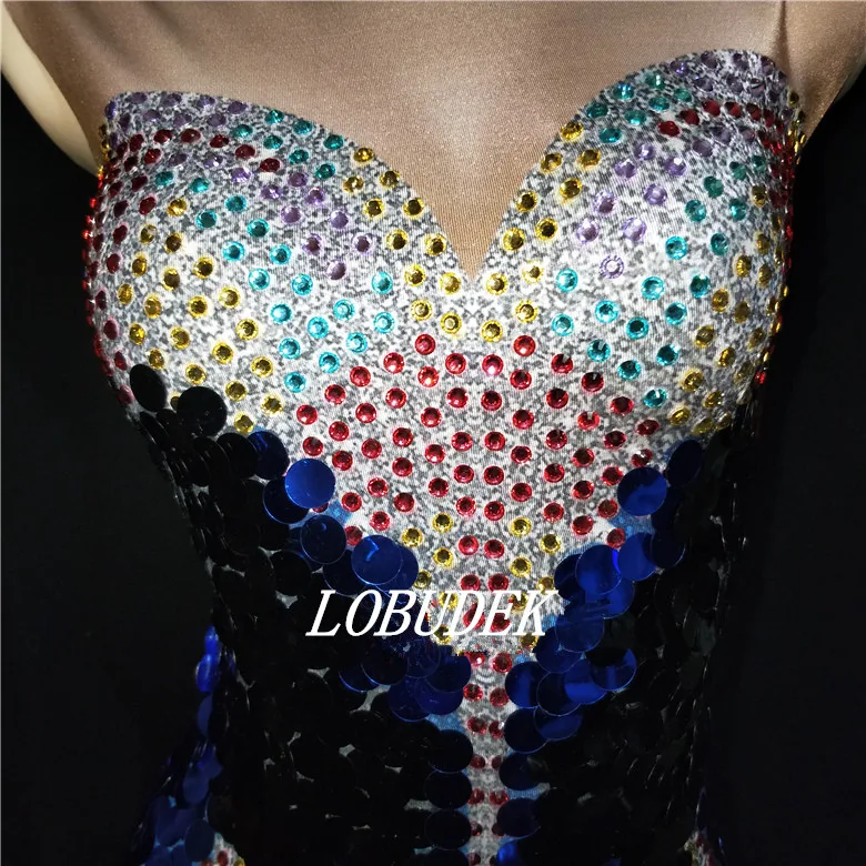 

Sparkly multicolour sequins Rhinestones Bodysuit jumpsuit Female Costume Bar Nightclub Singer Jazz Dance Stage Wear Party Show