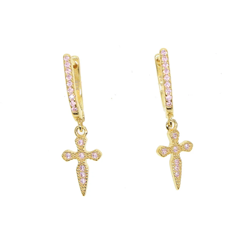 Gold color Pink Высокое качество стерлингового серебра 925 счастливый меч и религиозный Крест Прозрачный Висячие серьги с кубическим цирконием для женщин модная серебряная серьга ювелирные изделия - Окраска металла: Gold color Pink