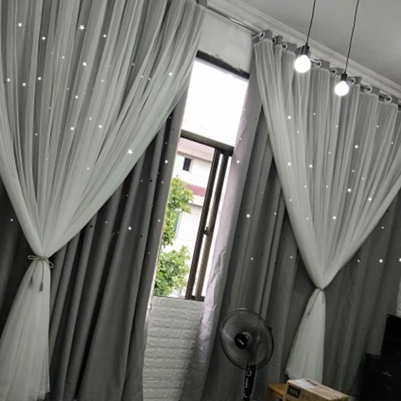 

Custom Made Princess Style 2 Layers Curtain for Girl's Bedroom Living Room Hollow Star Curtains Grey Blackout Curtains with Lace