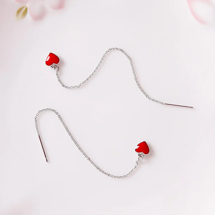 Женские длинные висячие серьги милые в Корейском стиле с красным сердечком