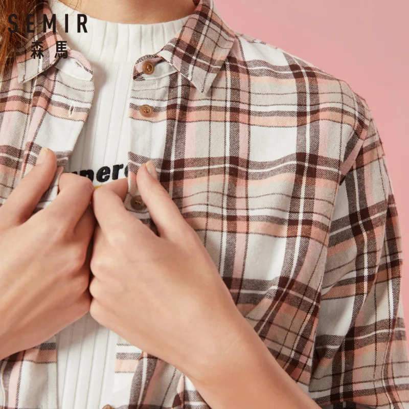 SEMIR Для женщин блузка 100% хлопковые обычной посадки Рубашки в клетку с воротником