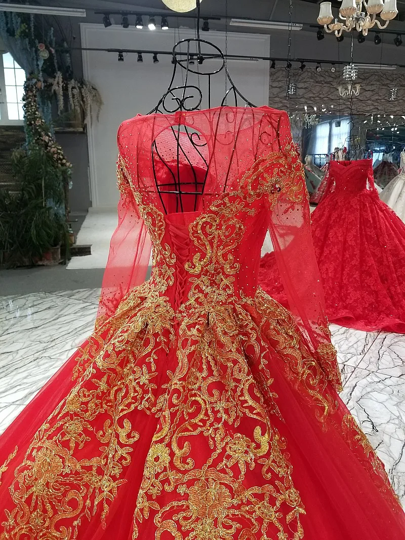 LS32890 золотое кружево красное вечернее платье O-образным вырезом длинным рукавом зашнуруйте назад блестящее платье для свадебной вечеринки с длинным поездом из Китая