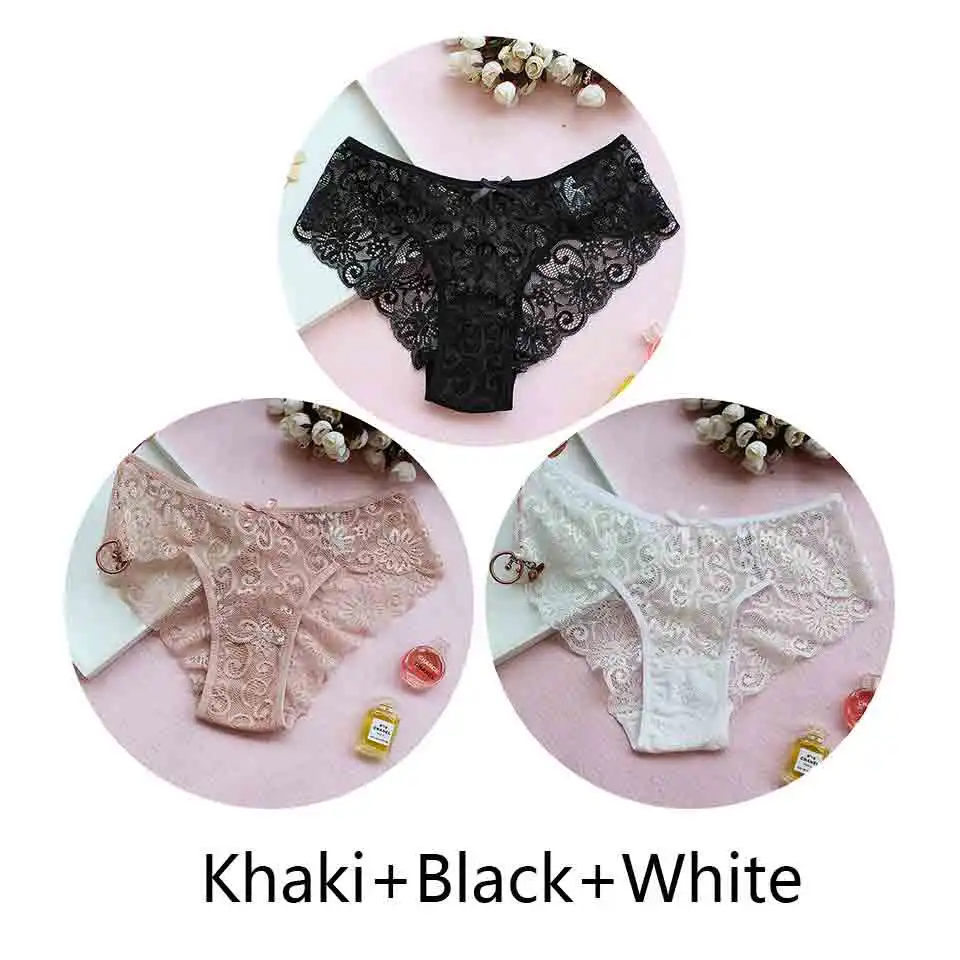 khaki black white 3 шт./лот ЕС размера плюс трусики женские сексуальные кружевные трусы прозрачное дышащее белье женские бесшовные трусы Высокое качество Новинка - Цвет: khaki black white