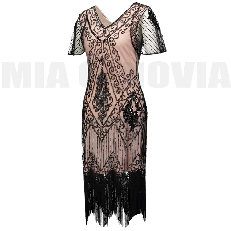 1920s Vintage Great Gatsby Dress V-Neck Embellish Beaded Sequin Flapper Evening Party Dress Short Butterfly Sleeve Robe Vestidos
