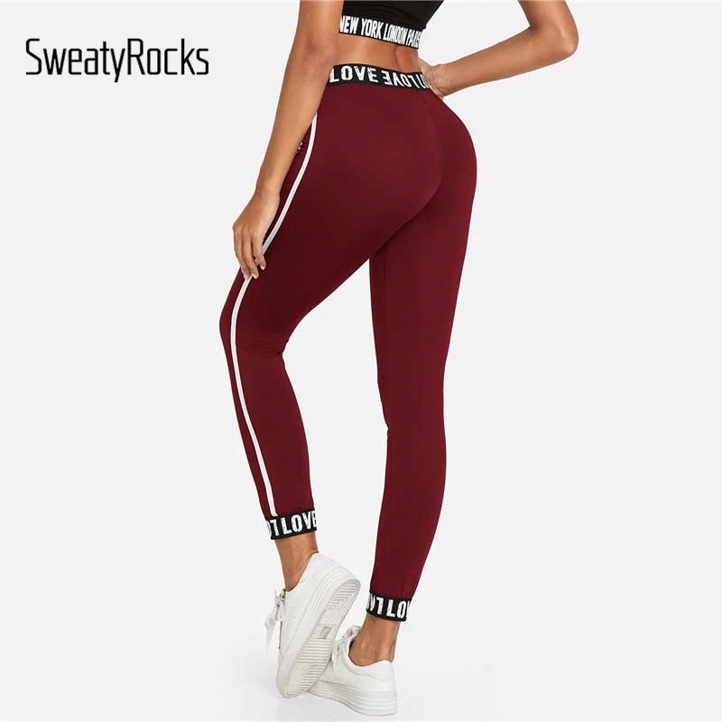 SweatyRocks Бордовые леггинсы для фитнеса с буквенным принтом, эластичные повседневные леггинсы для тренировок, осенние спортивные женские модные штаны