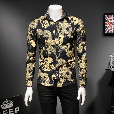 Китайская рубашка с принтом дракона Мужская мода Slim Fit с длинными рукавами мужские повседневные рубашки с отложным воротником, платье-рубашка 5XL-M - Цвет: As the photo show