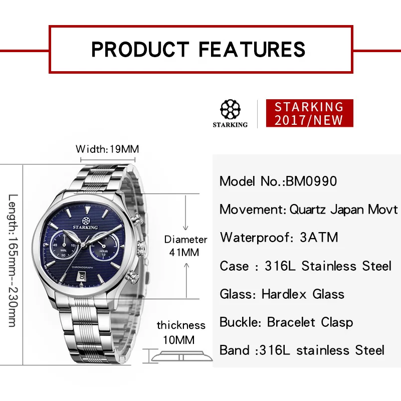 STARKING Новое поступление мужские часы с хронографом из нержавеющей стали 30 м