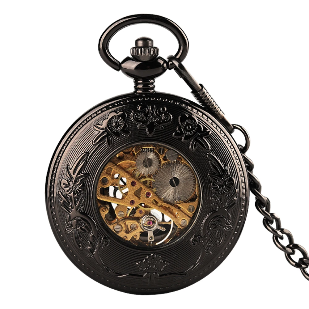 Antique Hand Mechanical Pocket Watch Vintage Gear Wheel Full Hunter Black Pendant Necklace Pocket Clock Gift for Women Men