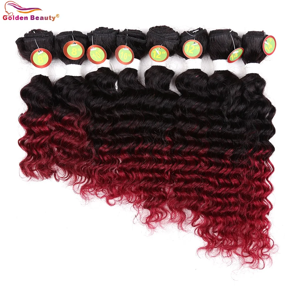 8-14 Deep Wave Ombre Hair Bundles - Burgundy Synthetic Short Sew in Hair Extensions (Heat Resistant) | 8pcs/Pack image 2