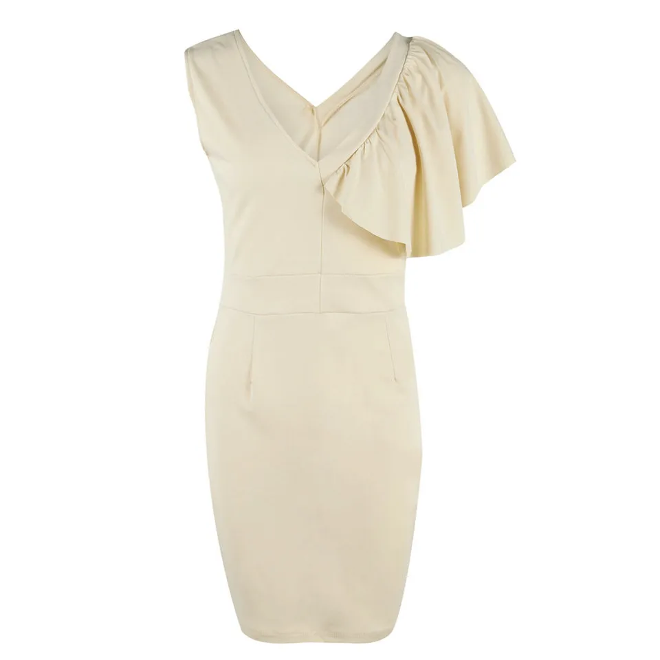 Elegant Women Bodycon Dress Patchwork Design Ruffles Decor V-Neck Sleeveless Solid Summer Mini Slim Hips Dress for Streetwear