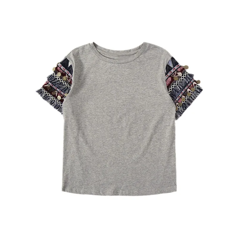 Dotfashion ацтекская серая футболка с бахромой, женская футболка, летние топы в стиле бохо с коротким рукавом, женская одежда, корейская модная футболка