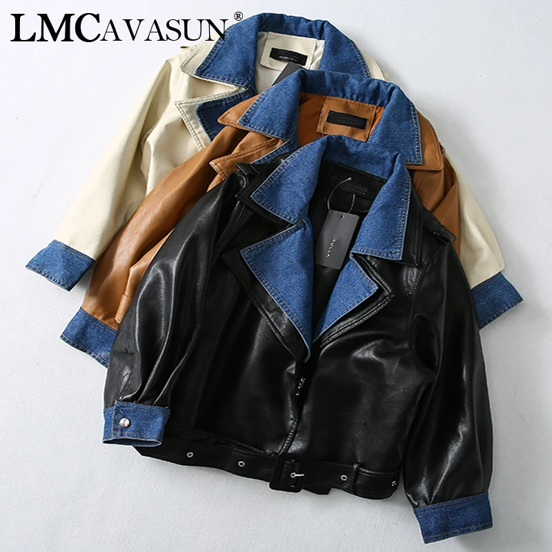 LMCAVASUN New Spring Lapel Long Sleeve Black Pu Leather Bandage Denim Stitch Loose Jacket Women Coat Fashion Tide
