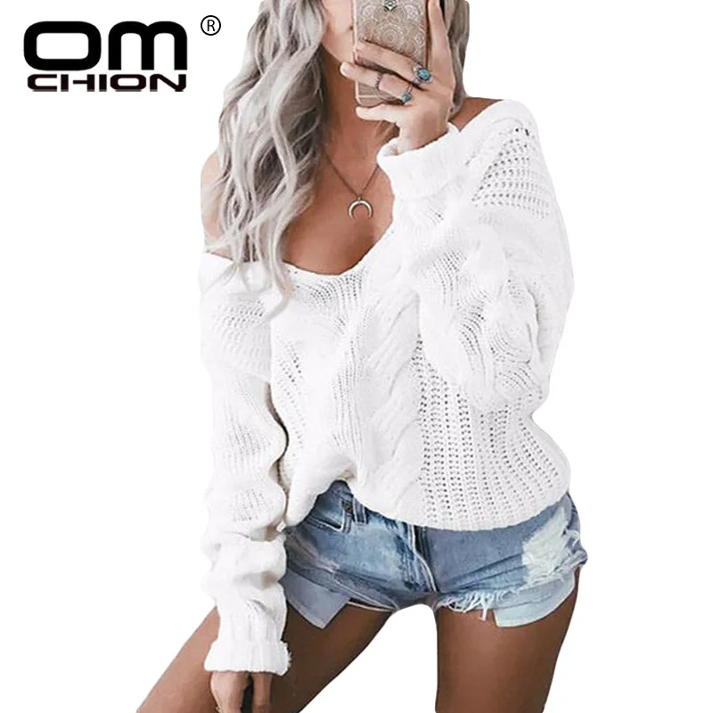 OMCHION Plus Size 5XL 2018 Autumn Winter Deep V Neck Off Shoulder Sweater Women Sexy Twist Pullover Casual Knitwear NMM62 | Женская
