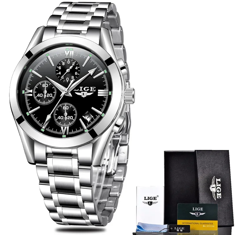 silver black steel Relogio Masculion мужские Топ люксовый бренд LIGE военные спортивные часы мужские кварцевые часы мужские полностью стальные повседневные деловые наручные часы - Цвет: silver black steel