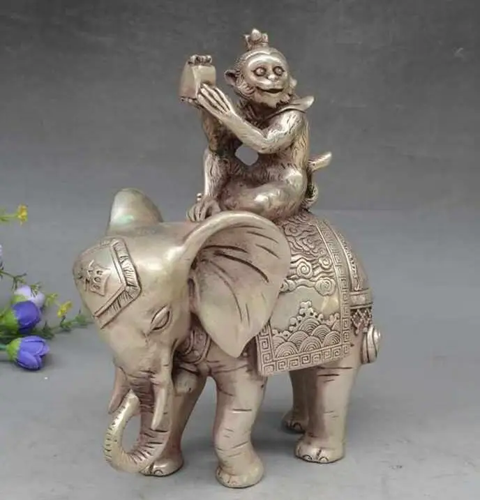 Старая тибетская Серебряная обезьяна с уплотнителем статуя слона коллекционное