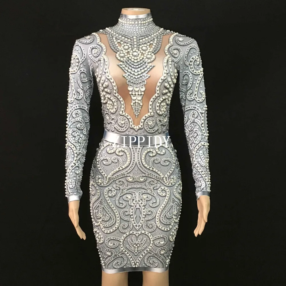 Блестящее платье стразы с серыми жемчужинами Стрейчевые сексуальные платья