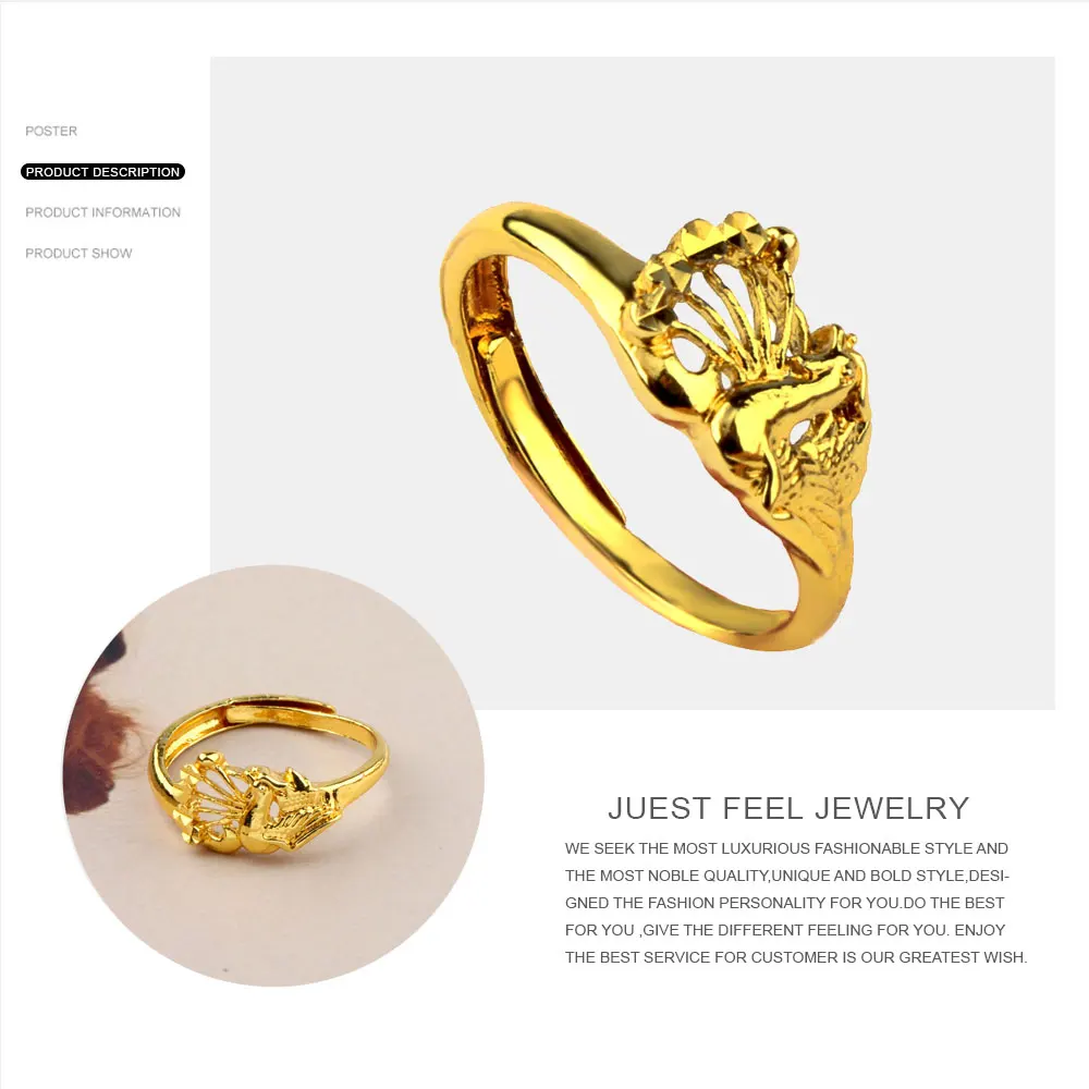 Женское кольцо в виде животных JUST FEEL Золотое регулируемое с медным павлином для