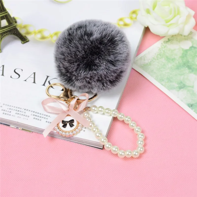 Новые плюшевые искусственный мех кролика мяч брелок для ключей с бусинами и