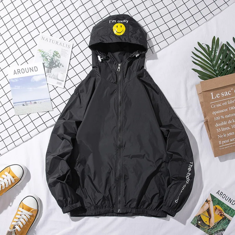 Осенняя мужская куртка худи модная верхняя одежда со смайликом и надписями