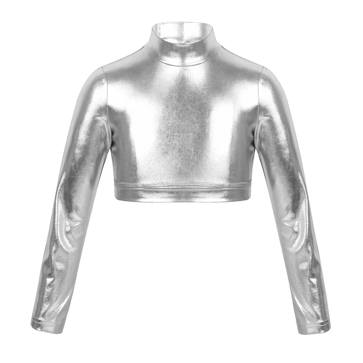 Children Kids Girls Long Sleeves Mock Neck Glossy Metallic Tops Crop Top for Dancing Stage Performance Ballet Class Dancewear