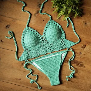 Light Green Set Ручной работы связанные крючком бикини топы-пляжные купальники топ-плавательные бассейны бикини Мягкие Топы - Цвет: Light Green Set