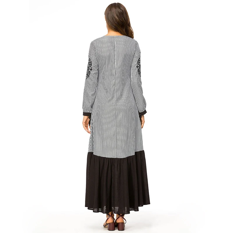 Women Vintage Lace Patchwork Party Dress Fashion O-Neck Plaid Embroidery Muslim A-Line Long Sleeve Maxi Plus Size | Женская одежда