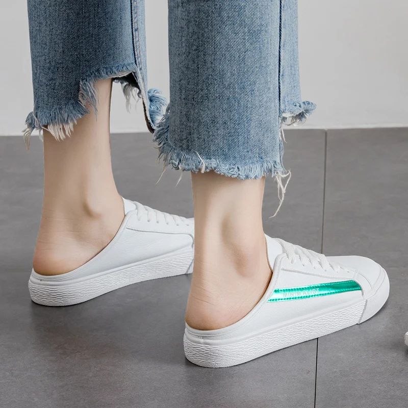 Women Casual Shoes 2018 Summer Hot sale Leather Woman Flats Fashion Sweet White Half slipper Breathable Sneakers |