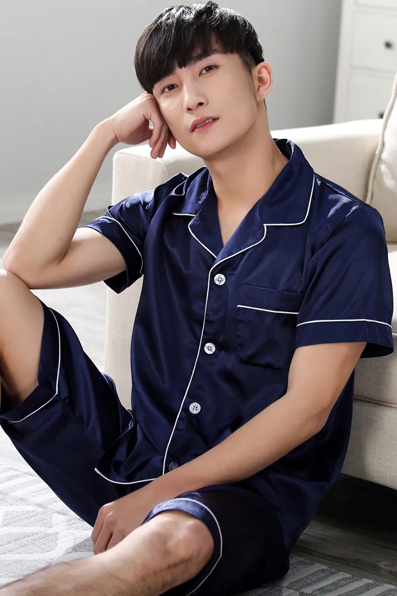 2019 новое качество атлас Летние пижамы Для мужчин мягкие Повседневное Пижама Homme